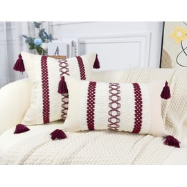 DRNOU Boho Lumbar Pillow Covers 12x20,Cute Pillow Cover with Tassels,Neutral Cushion Cover Striped Accent Decorative Pillow Case for Couch Bed Sofa Farmhouse,Cotton & Burlap,Set of 2 Burgundy Red
