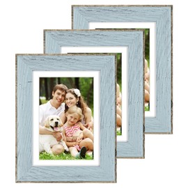 Golden State Art,5x7 Picture Frame - Blue and Grey Rustic Photo Frame with Mat for 4x6 - Farmhouse Gallery Wall Frames Tabletop Display(Set of 3)