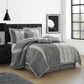 Stratford Park 7 Piece Grey Comforter Set, California King Size Jacquard Bedding Set, All Season Geometric Patchwork Bedding Set, Matching Pillows, Shams, Bed Skirt