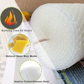 Large Beeswax Pillar Candles, Size 3"x6", Natural Bees Wax Candle Sheet Handrolled for Home, Unscented & Smokeless, 60 Hour Burn Time, White