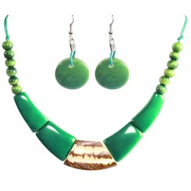 Forest Green Organic TAGUA Necklace and Earrings Set - Single Strand, Mid-Century Modern - Le Collier - Artisan Elegant