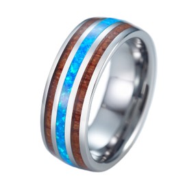 Aloha Jewelry Company 8mm Opal Tungsten Carbide Hawaiian Koa Tree Wood with Created Comfort Fit Ring Engagement Wedding Band Dome Style Weighted High Polished Finish with Gift box (Blue Opal, 8)