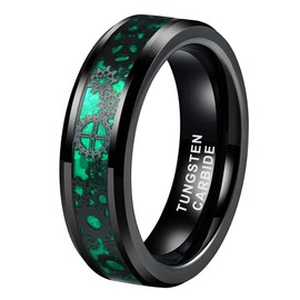 TUTISS 6mm Green Carbon Fiber Steampunk Gear Inlay Black Tungsten Rings for Men Women Wedding Bands Beveled Edges Comfort Fit Size 11.5