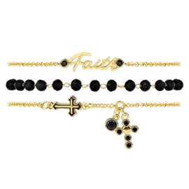 Gold Faith Cross Charm Link Bracelets for Women Vintage 3pcs Round Cubic Zirconia Cross Bracelet Set Black Faceted Glass Beaded Bracelet Adjustable Gothic Cross Pendant Bracelet Religion Jewelry Gift