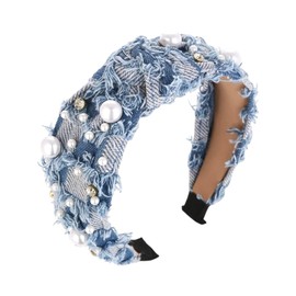 RUIFUU Blue Denim Knotted Headbands for Women,Non Slip Cute Pearl Knotted Headband,Rhinestone Embellished Hairband,Fashion Denim and Diamond Hair Band for Party Outfit Hair Hoop Accessories