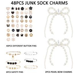 48Pcs Shoe Charms for Sneakers Bow Shoe Lace Charms Junk Sock Jewelry Kit for Women DIY Accessories Rhinestone Brooch Buttons Pearl Flower Clips Safety Pin Gold for Sneaker Hat Clothes Decoration