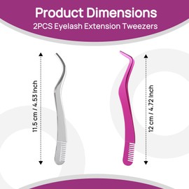 2PCS Eyelash Extension Tweezers, Stainless Steel Lash Tweezers with Comb, 2 in 1 Lash Extension Tools False Eyelash Applicator - Pink & Silver