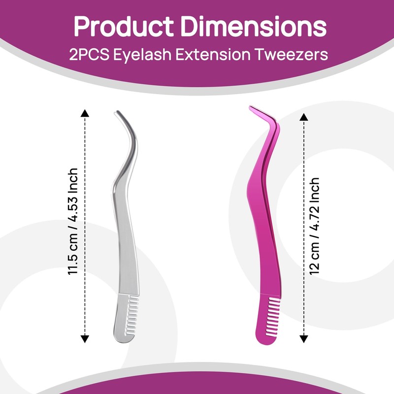 2PCS Eyelash Extension Tweezers, Stainless Steel Lash Tweezers with Comb,