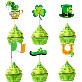 Ercadio - Paquete de 24 adornos para magdalenas con purpurina para trébol de cuatro hojas, trébol de trébol para magdalenas, sombrero verde, para fiesta temática del día de San Paddy, suministros de
