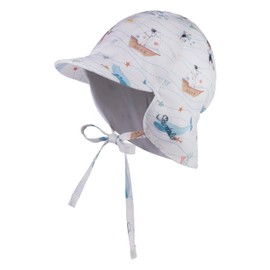 Sterntaler Peaked Cap with Neck Protection Pirates with Tie Strap - Baby Hat for Boys with Ear Flaps - Peaked Cap Baby with Print Pattern - Cotton Sun Cap, White