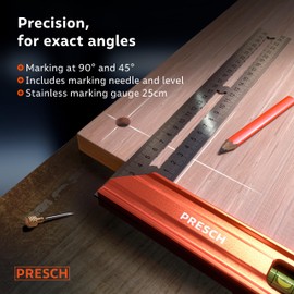 Presch Try Square 250 mm | Small | Includes rust-free marking gauge (25cm), level bubble & marking pin | 90° & 45° | Carpenters square, Precision Square, Joiners Square, Engineers Square