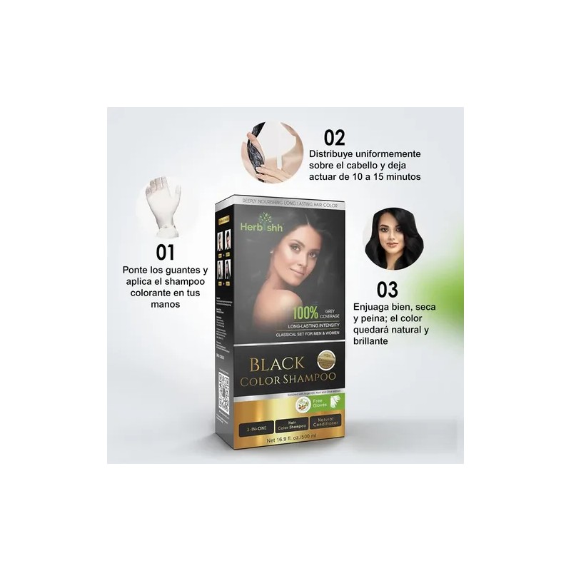 Shampoo Tinte Cubre Canas Negro Herbishh 500ml