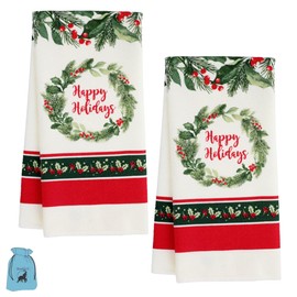 EB (2) Holly Wreath Decorative Kitchen Towels 15x25 Inches Set for Home Dining Table Linen Cooking Baking Hand Cleaning Bathroom Drying Dish Holiday Dishcloth Farmhouse Party Decoration Gift Supplies