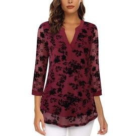 Vafoly Women's 3/4 Sleeve Top, Henley V-Neck, Double Layer, Mesh, Blouse, Tunic