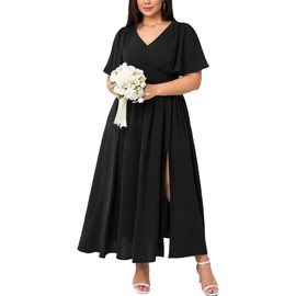 SCOMCHIC Women Plus Size Maxi Formal Dresses Wedding Guest Cocktail Short Sleeve V Neck Smocked Slit Long Flowy Dress Black