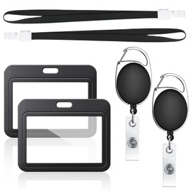 ID Card Holder with Strap, Set of 2 ID Holders with Retractable Lanyard, Transparent Hard Plastic ID Case for ID Cards, Work ID Badge Holder, Card Holder (Black) (Horizontal Style)