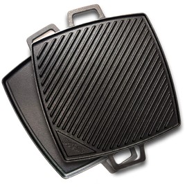 Bayou Classic 7444 10.5-in Cast Iron Reversible Square Griddle Features Flat Side and Ribbed Grill Side Perfect For Large Batch Breakfast Burgers and Grilled Sandwiches Steaks and Chicken