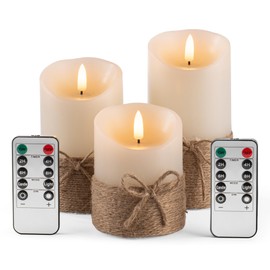 AKU TONPA Flameless Candles Battery Operated Pillar Real Wax Electric LED Candle Gift Set with Remote Control and Timer, 4" 5" 6" Pack of 3 (Ivory Wax with Hemp Rope)