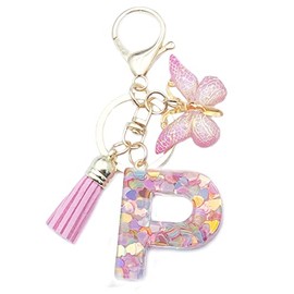 Xsclpomddy Girls Alphabet Letter Key Ring Cute Key Ring Glitter with Butterfly Tassels Resin Pink Keychain for Bag Charm, p