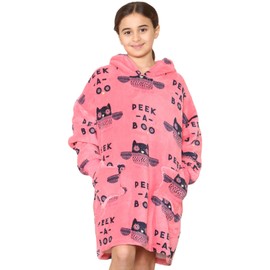 A2Z 4 Kids Girls Boys Oversized Hoodie Animal Blanket Super Soft Warm Fleece - Snuggle 932 Peek A Boo Coral Short