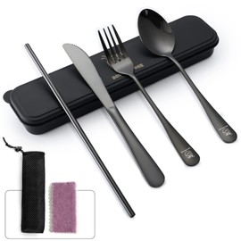Boulder Bee | Travel Utensils Set | Reusable Camping Cutlery Set | Stainless Steel Flatware Set | Portable Silverware Set with Case | Includes Knife/Fork/Spoon/Straw/Cleaning Cloth/Case (Black)