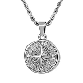 murtoo Pendant Necklace for Men, Stainless Steel Compass Mens Necklace with Wheat Chain Twisted Rope Chain, 22" Coin Pendant Necklace for Women Men (Silver- Irregular Circular-Twisted Rope Chain, 22")