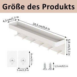 Key Rack with Shelf, White Key Holder, Key Rack with Shelf and 6 Hooks, Stainless Steel Key Holder, Easy to Install Key Holder, No Drilling, for Hallway, Kitchen, Bathroom