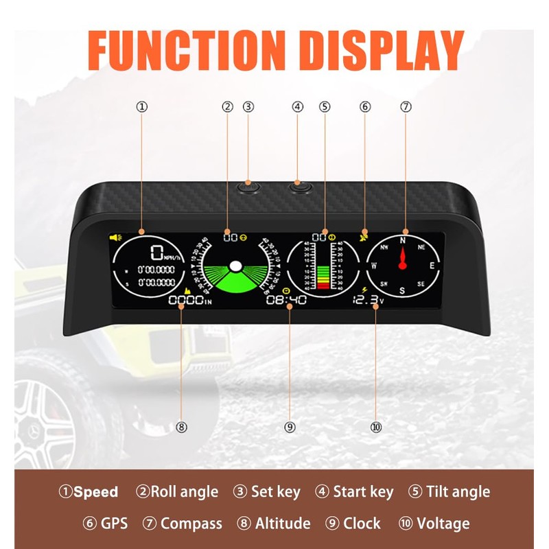 Car Inclinometer for Off-Road Driving Digital GPS Speedometer HUD, Multi-Functional