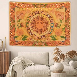 Yugarlibi Burning Sun Tapestry Spring Flowers Vintage Wall Hanging Orange Constellation Tapestry for Bedroom Living Room 150 x 130 cm
