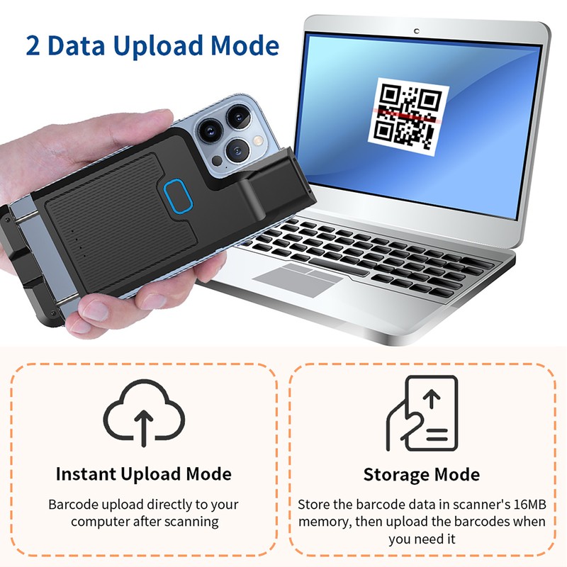 Barcode Scanner Portable Back Clip Bar Reader BT+2.4G Wireless and