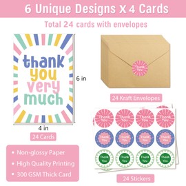 Supoeguk 24 Colorful Thank You Card Set, Funny Appreciation Cards Pack with Envelopes, Cute Bulk Gratitude Note Card(6 Designs, 24 Cards with Envelopes)