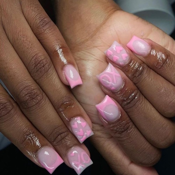 Valentines Pink Press on Nails Short Square Fake Nails, French