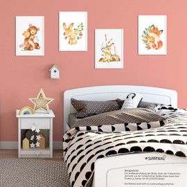 Sunnywall® Set of 4 Forest Animals Bear Fox Bambi Deer Rabbit Poster Children's Room A4 Pictures Baby Room Children's Poster Without Picture Frame Decoration Girl Boy