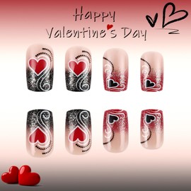 Valentines Press on Nails Medium Square Heart Fake Nails with Curve Stripes Designs Black Red Glitter French Tip False Nails Reusable Stick on Nails for Women Girls Holiday Manicure 24Pcs