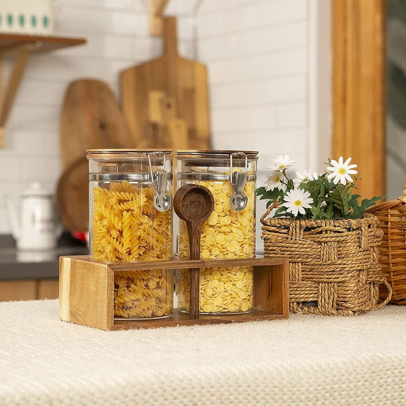 Yangbaga Glass Coffee Container with Wooden Shelf,2×45OZ Coffee and Sugar