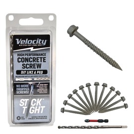 Velocity 2 1/4 Concrete Screws Set (Hex Head, 1/4") – Includes 12 High-Performance Masonry Screws PCS, Stick Tight Technology, 1 PSD ACR Drive Bit and 1 Carbide Concrete Drill Bit