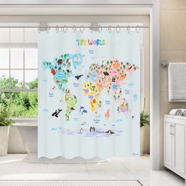 BASHOM BSC-615 Animall World Map Shower Curtain Set for Children, Waterproof, Washable, Decorative Bathroom, 180 x 180 cm (71 x 71 inches), Polyester Fabric with 12 Hooks, Colourful Lining,