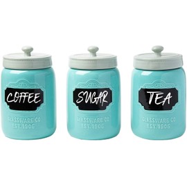 Mason Jar Ceramic Canister Set for Kitchen - Set of 3 Decorative Storage Containers with Air-Tight Lids for Coffee, Sugar & More - Aqua Blue, Country Style Storage w/Reusable Writable Surface - 12.85oz/Canister