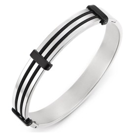 COOLSTEELANDBEYOND Men's Smooth Modern Cuff Style Bangle Stainless Steel Bracelet with Black Stripes, Silver Black Two-Tone, Stainless Steel, No gemstone