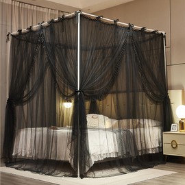 NXGIO 4 Corners Post Princess Curtain Bed Canopy Lace Up Double Layer 4 Opening Mosquito Net Mesh for Girls Bedroom Decoration(Black, 78" W*86" L*82" H/King)