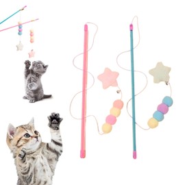 FJYXCHENXM 2 Pcs Cat Stick Toy Exquisite Kitten Teaser Wand Feather Toy with Elastic Rope Plush Ball Star Pendant for Cat Indoor Playing(Pink,Blue)