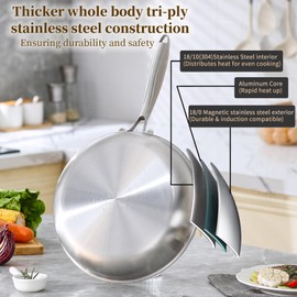 DELARLO Tri-Ply Stainless Steel Frying Pan, All Cooktops Compatible Up to 600℉, Oven Safe Induction Skillet, 12.5 inch Non toxic Cooking Surface, Fast & Even Heat, Durable Cookware