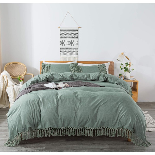Softta Green Tassel Boho Bedding Duvet Cover Fringed Twin XL 3 Pcs 100% Washed Cotton Vintage and Farmhouse Ruffle Baby Teens Duvet Covers Sets