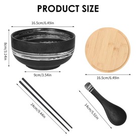 Premium Ramen Bowl Set with Lid, 1500 ml Large Soup Bowl, Salad Bowls for Soup, Pho and Sushi Bowl, Ceramic Soup Bowl, Black Ramen Bowl Set, Includes Sticks, Lid and Spoon
