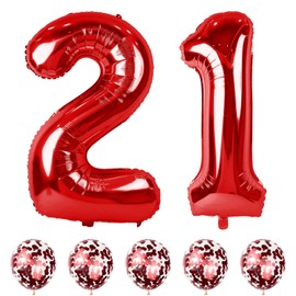 21st Birthday Balloons for Her Red, 40 Inch Giant Red Foil Number 21 Balloons with Red Confetti Balloons Kit, Digit 2 & 1 Helium Balloons for Boys Girls Women 12th 21st Anniversary Party Decorations