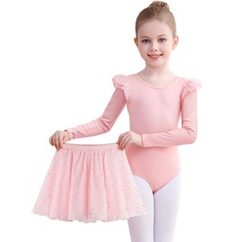 Comfyouth Girls Ballet Dress Toddler Long Sleeve Ballet Dance Leotard with Removable Skirt Shiny Dance Costumes Kids Ballet Outfit for 2-11 Years Pink