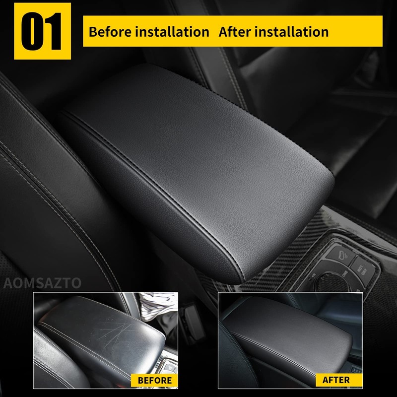 AOMSAZTO Black Leather Armrest Covers for Grand Cherokee 2011-2021 Jeep
