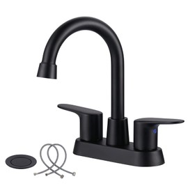 Matte Black Bathroom Faucet 3 Hole, 4 Inch 2 Handle Centerset Bathroom Vanity Sink Faucet, Modern Bathroom Faucets with Pop-up Drain Assembly and 2 Hoses