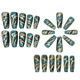RUOKEXIN Medium Press on Nails Coffin Fake Nails with Glue Green Acrylic False Nails with Rhinestones Designs Gold Glitter Nails Press ons Marble Pattern Artificial Nails Stick on Nails for Women