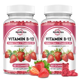 Vitamin B12 Complex Gummies - 5000 mcg Methylcobalamin with Iron, Vitamin C, D3 & Folate, Energy Support & Metabolism, Immune, B-12 Chewable Supplement for Men & Women, Strawberry Flavor, 2 Pack